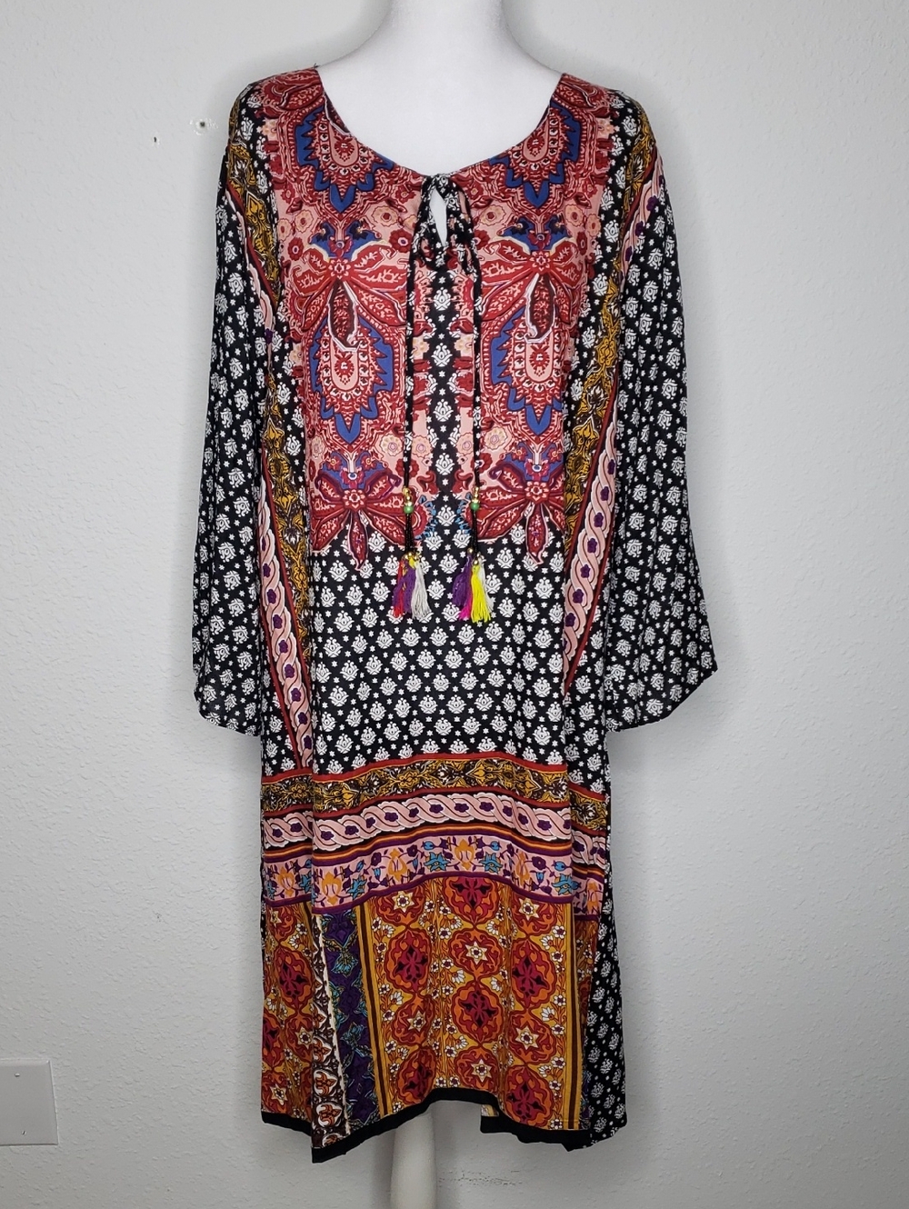 Ana K Anandas Collection Kaftan Tassel Bell Sleeves Midi Dress Size XL Bohemian